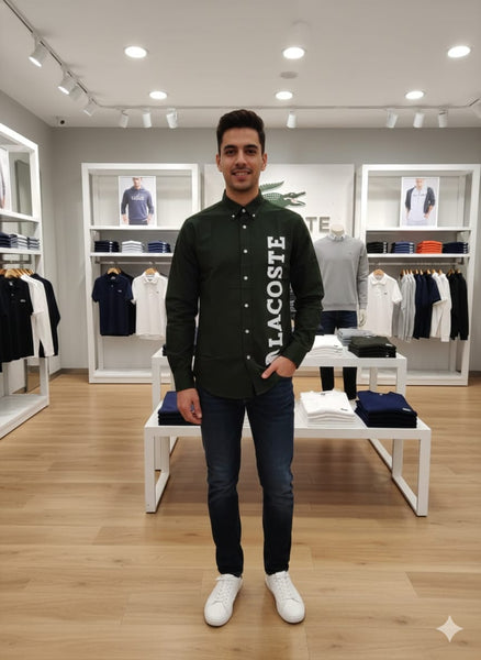 Premium Green  Button-Down Shirt with Bold Vertical Logo Print