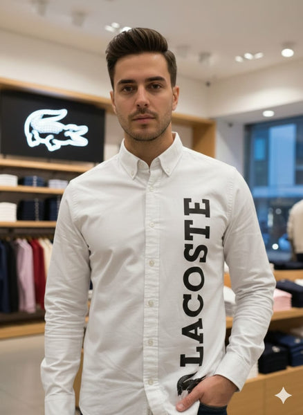 Classic White Button-Down Shirt with Bold Vertical Logo Print