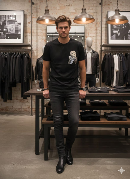 Black Streetwear T-Shirt with Dice Graphic Print