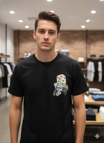 Black Streetwear T-Shirt with Dice Graphic Print