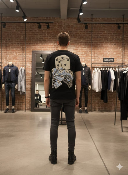 Black Streetwear T-Shirt with Dice Graphic Print