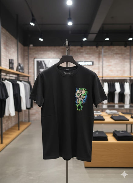 Black Graphic T-Shirt with Skull & Snake Artwork