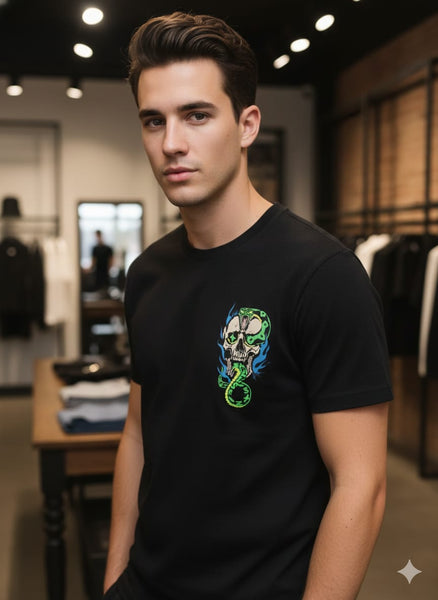 Black Graphic T-Shirt with Skull & Snake Artwork