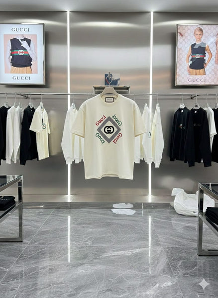 Luxury Cream Logo Print Drop Shoulder T-Shirt Premium Designer Style