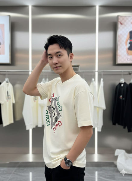 Luxury Cream Logo Print Drop Shoulder T-Shirt Premium Designer Style