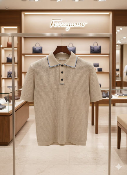 Classic Knit Polo Beige Textured Short Sleeve T-Shirt