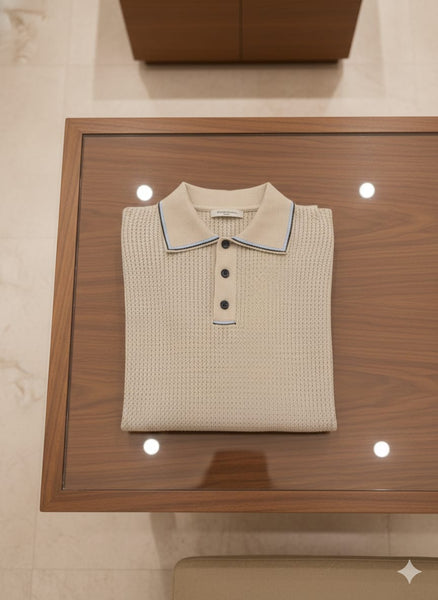 Classic Knit Polo Beige Textured Short Sleeve T-Shirt