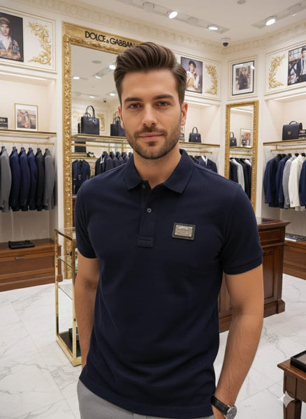 Premium Navy Blue Logo Plaque Polo Shirt Elegant Signature Edition
