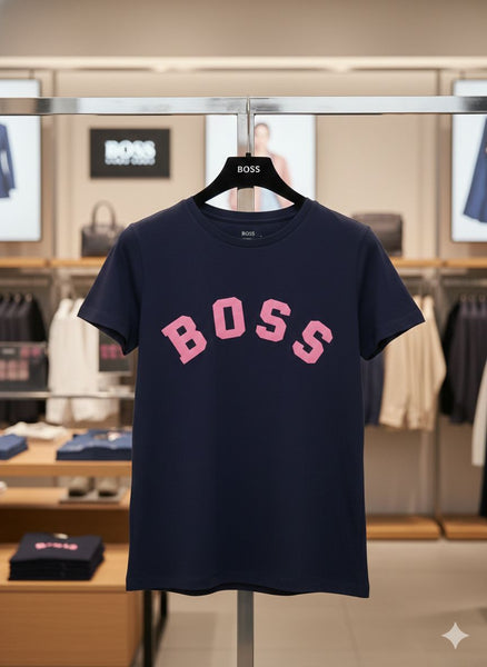 Women’s Navy Blue T-Shirt with Pink Logo Print Smart Casual Style