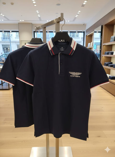 Premium Navy Polo Shirt with Red & White Stripe Collar