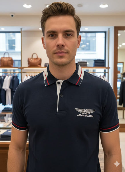 Premium Navy Polo Shirt with Red & White Stripe Collar