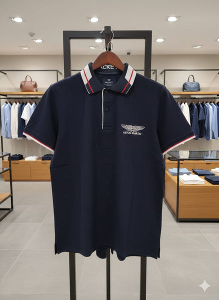 Premium Navy Polo Shirt with Red & White Stripe Collar