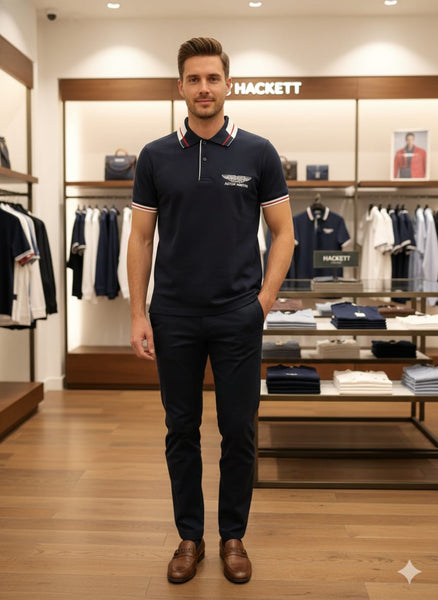Premium Navy Polo Shirt with Red & White Stripe Collar