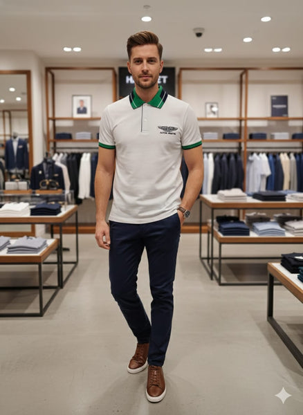 Premium White Polo Shirt with Green Contrast Collar