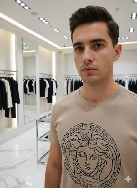 Premium Luxury Beige Graphic T-Shirt – High-End Minimal Emblem Design
