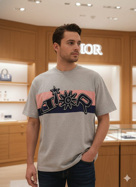 Premium Grey Classic T-Shirt with Iconic Brand Logo Stripe