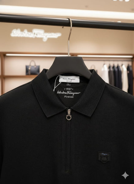 Luxury Black Zip-Neck Polo T-Shirt – Sleek & Modern Style