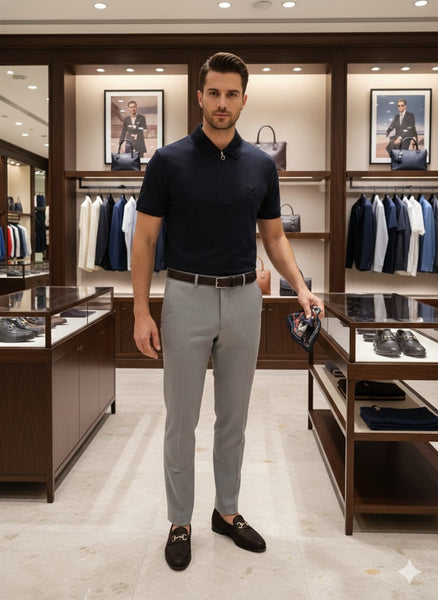 Men’s Premium Navy Zip-Neck Polo T-Shirt Smart & Modern Fit