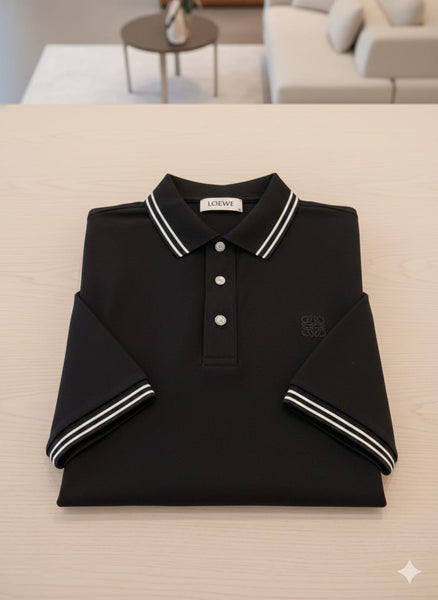 Luxury Black Classic Polo T-Shirt with Contrast Stripe Detail for Men