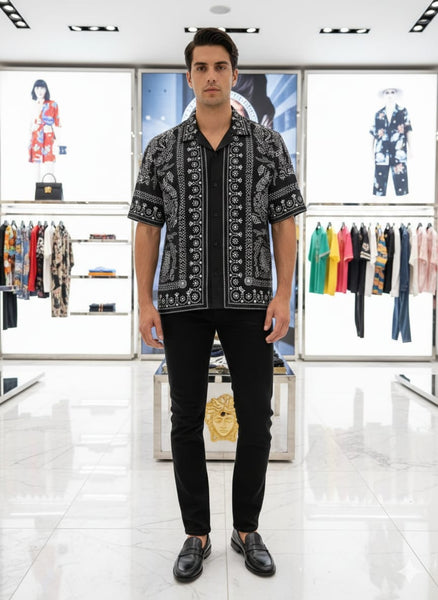 Men’s Black Paisley Print Half Sleeve Shirt Bold Designer Casual Wear
