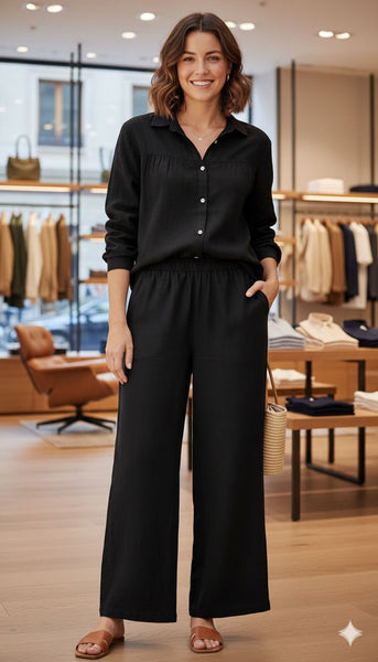 Women’s Elegant Black Co-Ord Set –Button-Down Shirt with Wide Leg Pants