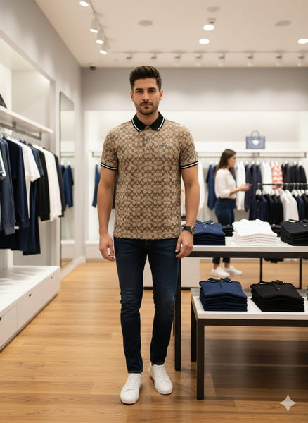 Premium Monogram Print Polo Shirt Luxury Designer Casual Wear