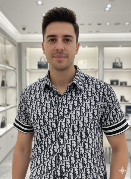 Luxury Monogram Print Button-Down Shirt Black & White Edition