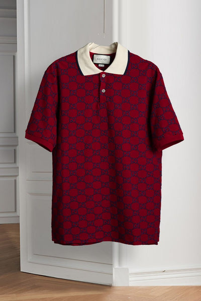 Luxury Red Monogram Polo T-Shirt , Classic Collar, Regular Fit