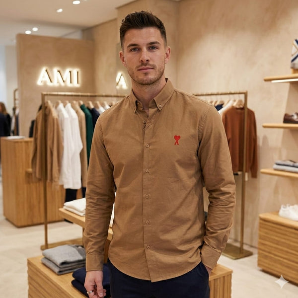 Premium Brown Button-Down Shirt with Signature Red Heart Logo