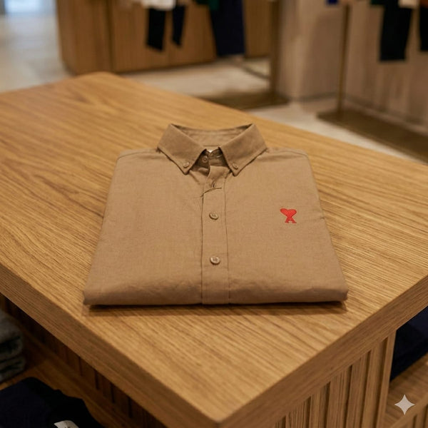 Premium Brown Button-Down Shirt with Signature Red Heart Logo