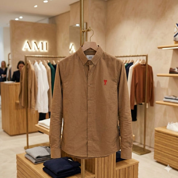 Premium Brown Button-Down Shirt with Signature Red Heart Logo