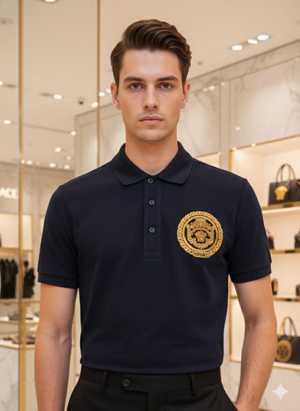 Luxury Navy Blue Polo Shirt with Gold Emblem Premium Designer Style