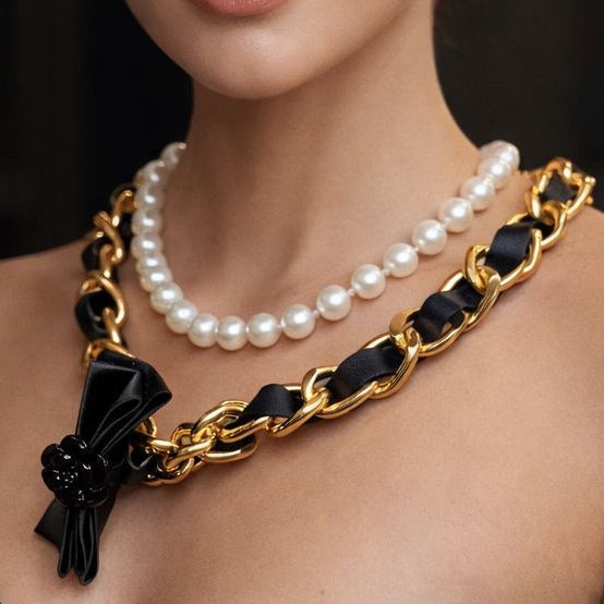 Luxury Pearl & Gold Chain Layered Necklace Bold Designer Statement Piece