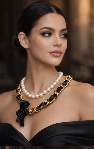 Luxury Pearl & Gold Chain Layered Necklace Bold Designer Statement Piece