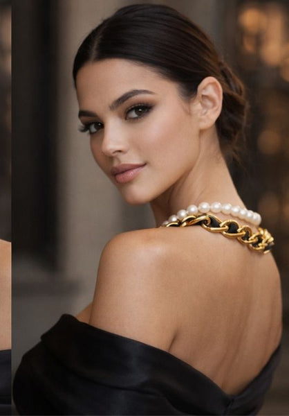 Luxury Pearl & Gold Chain Layered Necklace Bold Designer Statement Piece