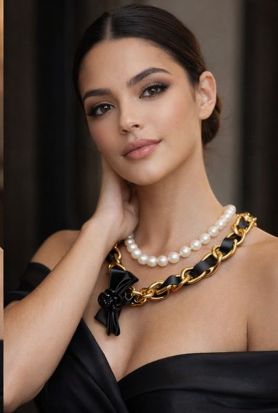 Luxury Pearl & Gold Chain Layered Necklace Bold Designer Statement Piece