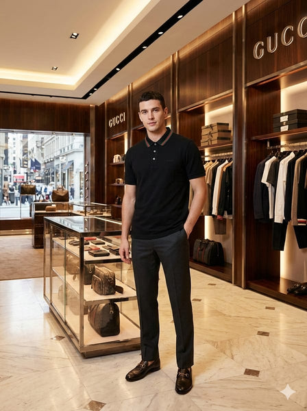 Imported Classic Black Polo Shirt With Web Stripe  Luxury Casual Style