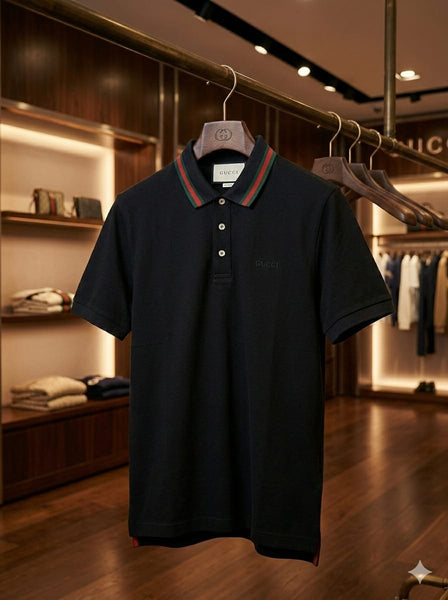 Imported Classic Black Polo Shirt With Web Stripe  Luxury Casual Style