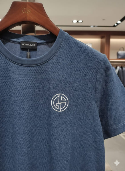 Men’s Premium Textured Blue T-Shirt  Classic Crew Neck Casual Half Sleeve Tee