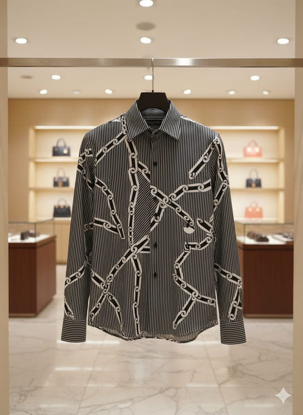 Luxury Stripe & Chain Pattern Casual Shirt For Men