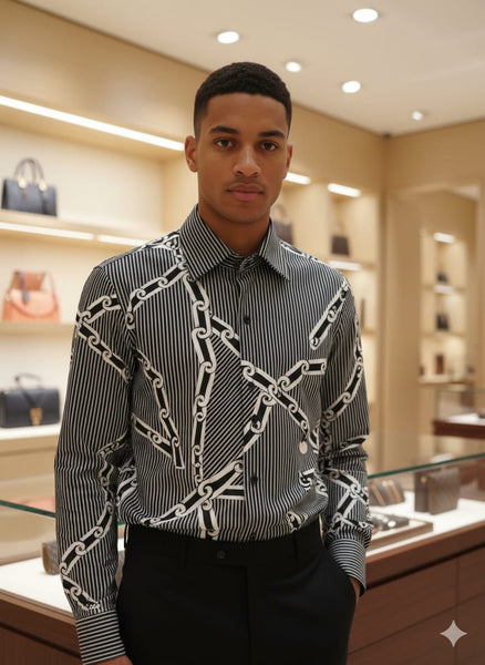 Luxury Stripe & Chain Pattern Casual Shirt For Men