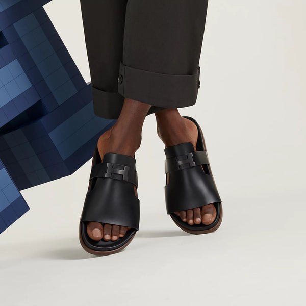 Premium Black Leather Slides  Elegant & Comfortable Slip-On