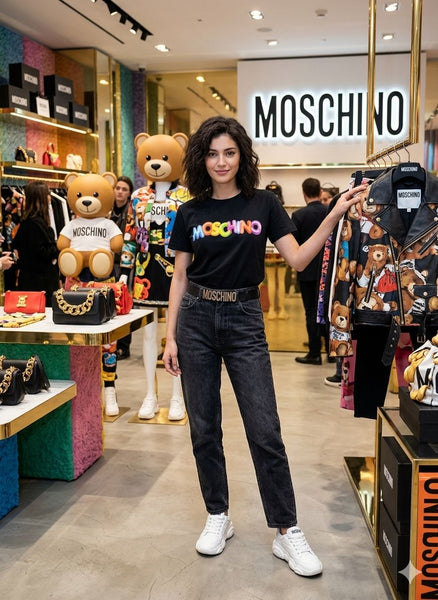 luxury imported Black Graphic T-Shirt with Colorful Branding