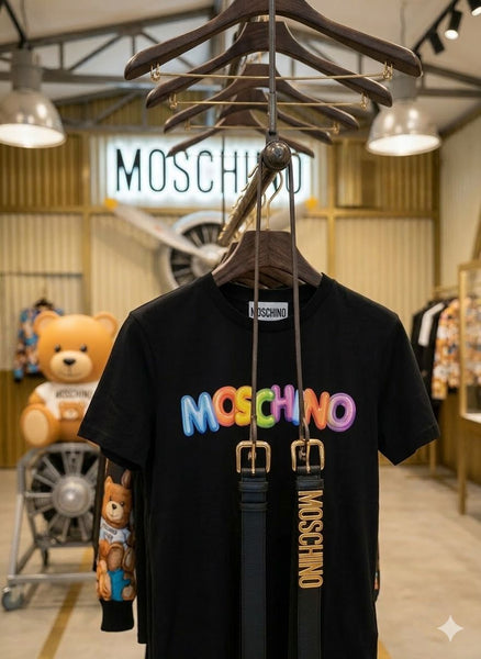 luxury imported Black Graphic T-Shirt with Colorful Branding