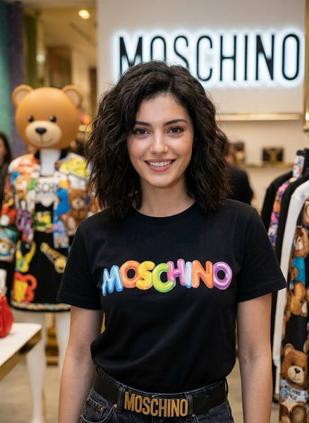 luxury imported Black Graphic T-Shirt with Colorful Branding