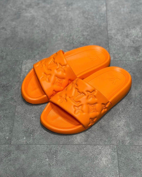 Premium Orange Designer Slides Stylish Monogram Comfort Slippers