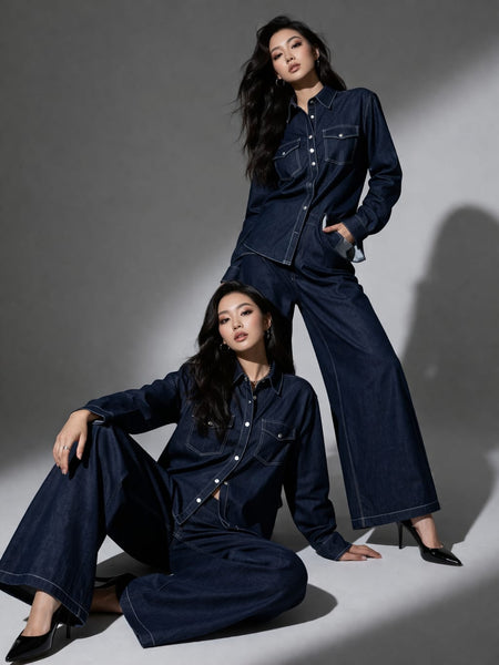 Premium  Denim Co-Ord Set for Women  Stylish Shirt & Wide-Leg Pants Set