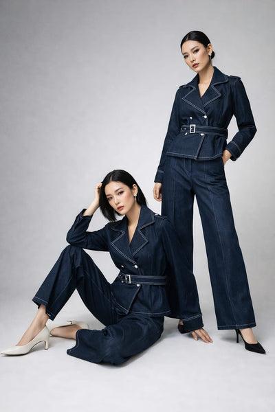 Elegant Denim Co-Ord Set for Women  Premium Blazer & Wide-Leg Pants Set