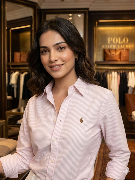 Women’s Light Pink Striped  Shirt Classic Fit Casual Wear