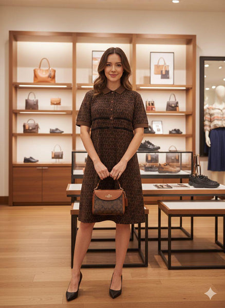 Elegant Women’s Brown Printed Polo Dress Classic Chic Everyday Wear
